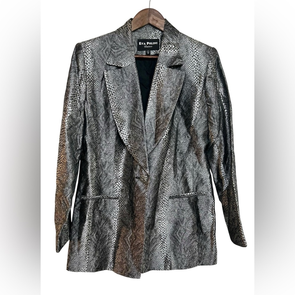 Eva Polini Couture Vtg Women s10 Silver Metallic Snake Print Blazer Suit Jacket